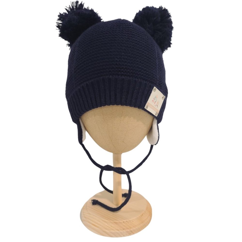 Jak Knit Beanie Hat With PomPoms, Navy